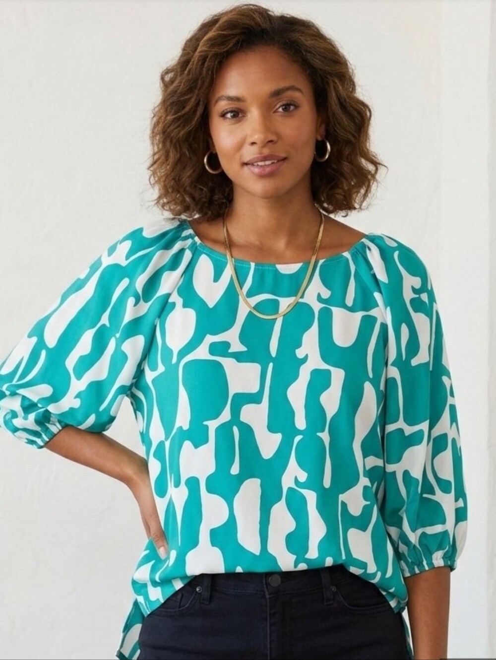 Umgee Teal White Mod Abstract Print Blouse Balloon Sleeve Hi-Low Hem Small EUC